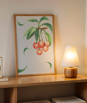 Ilustración realista de rama de cerezo con hojas verdes