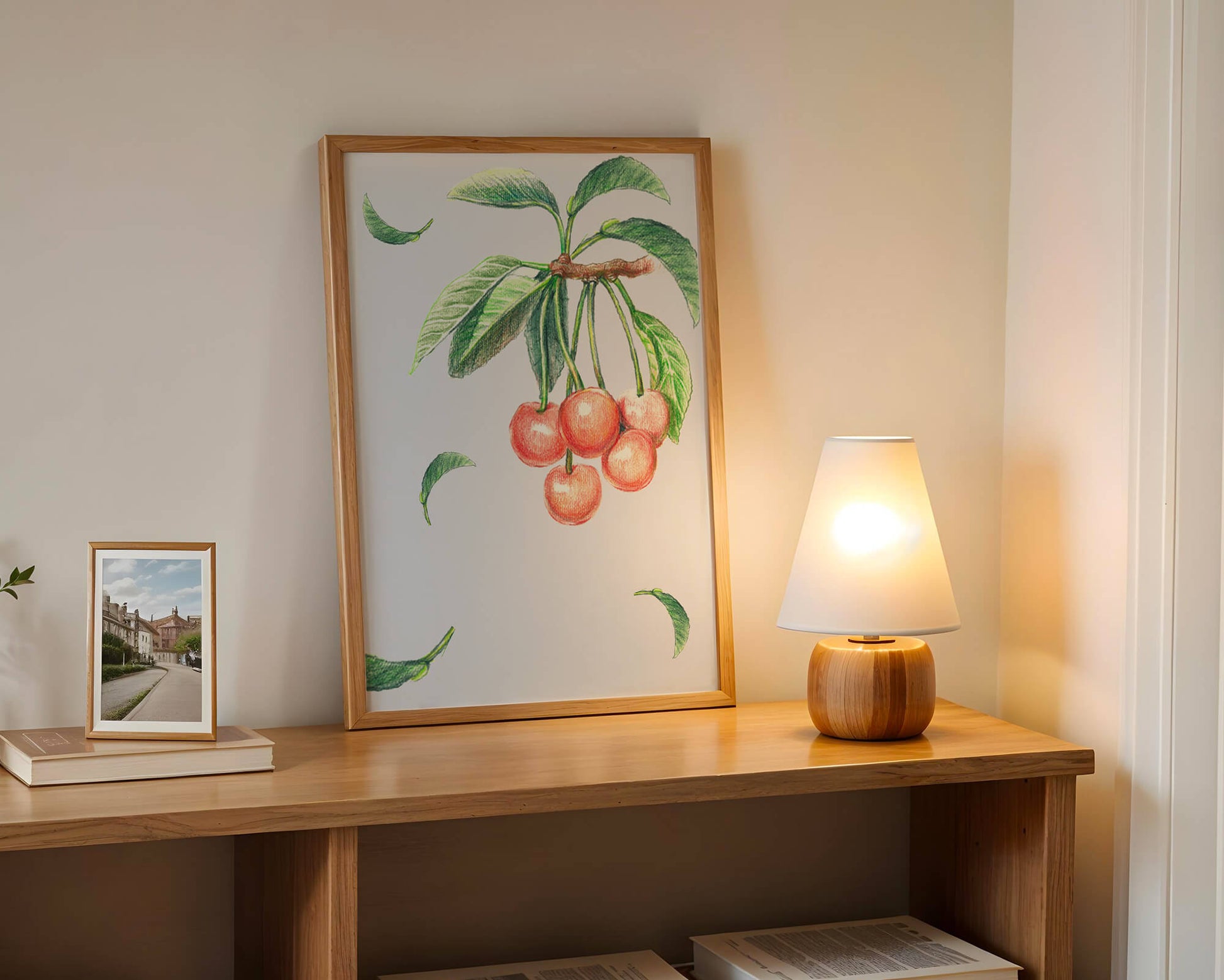 Realistic Illustration of Cherry Branch with Green Leaves
