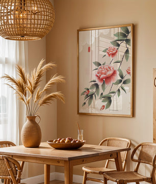 Oriental floral illustration with pink peonies and calligraphy