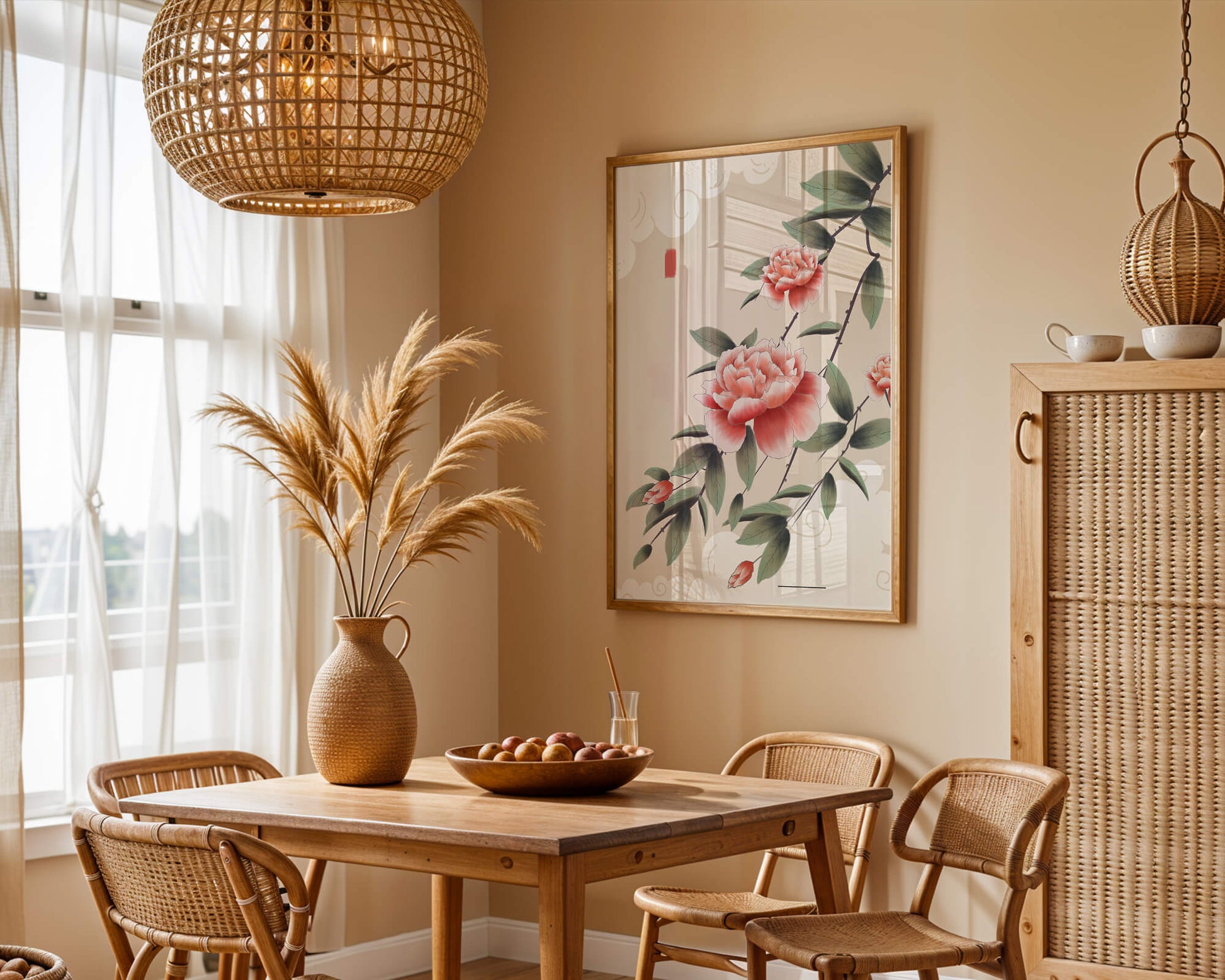 Oriental floral illustration with pink peonies and calligraphy