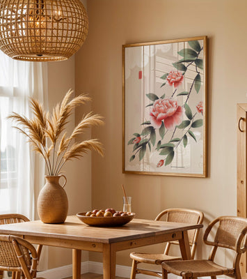 Oriental floral illustration with pink peonies and calligraphy