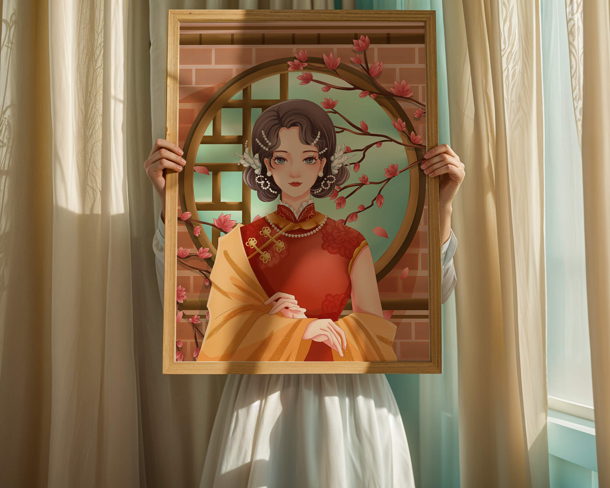 Elegant woman in traditional dress with floral background