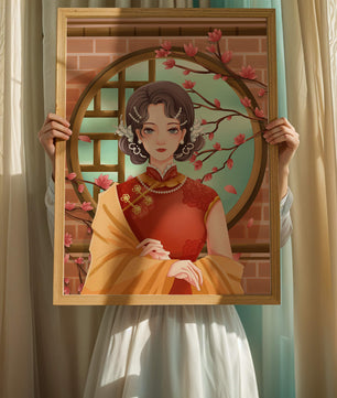 Elegant woman in traditional dress with floral background