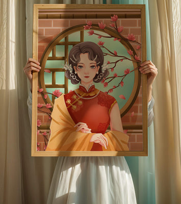 Elegant woman in traditional dress with floral background