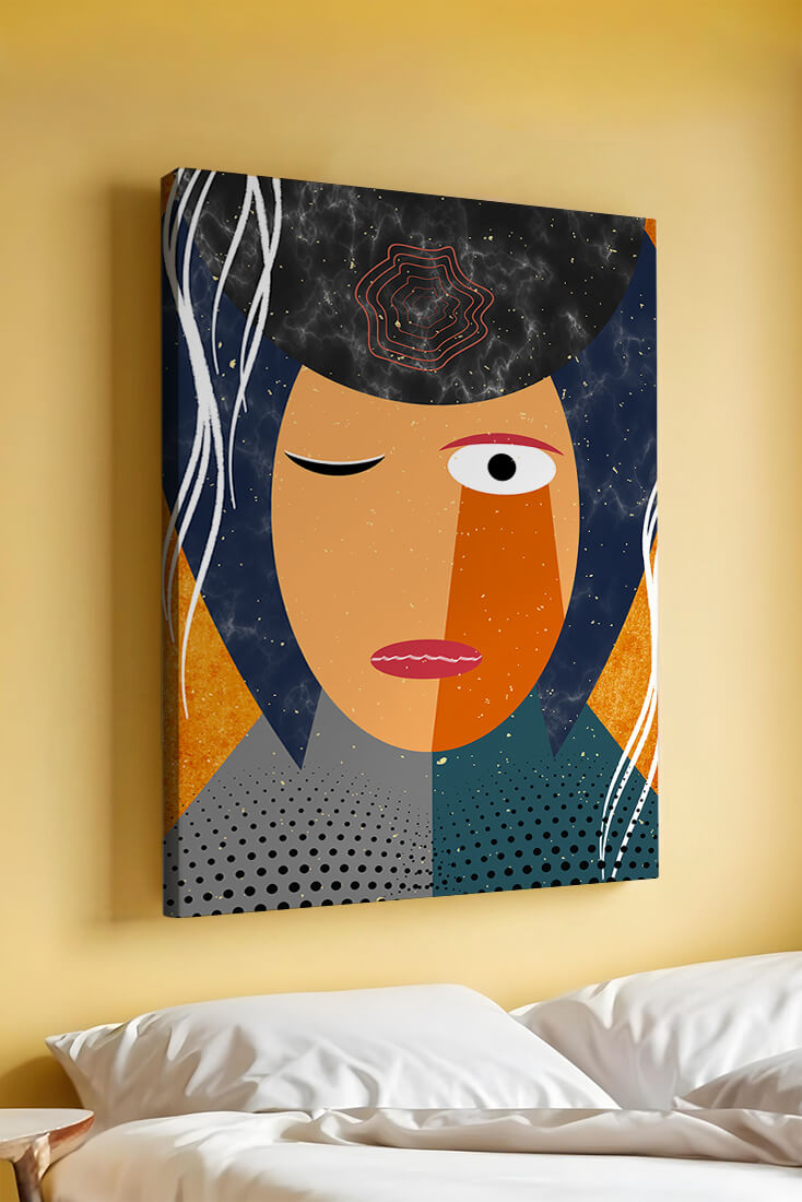 Abstract geometric portrait featuring vibrant colors and textures