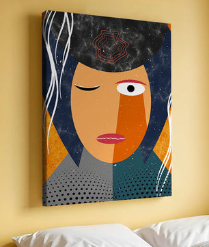 Retrato geométrico abstracto con colores vibrantes y texturas