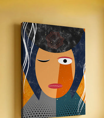 Abstract geometric portrait featuring vibrant colors and textures