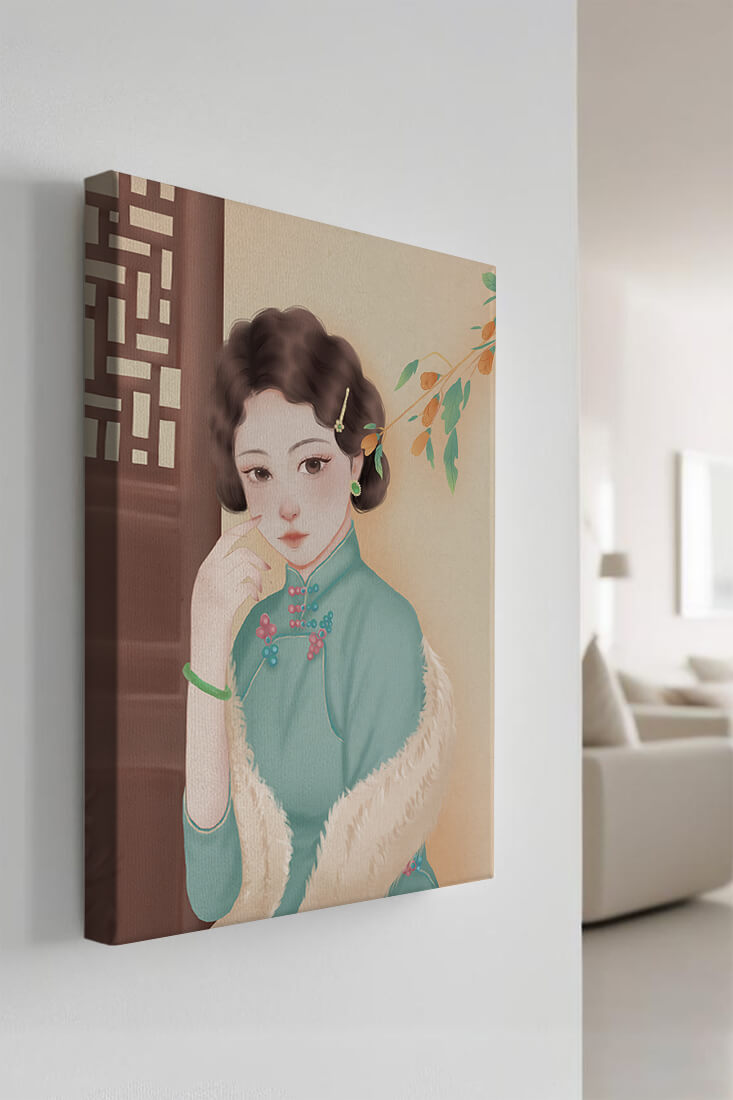 Elegant portrait of a woman in traditional attire with jade accessories