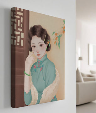 Elegante retrato de una mujer con atuendo tradicional y accesorios de jade