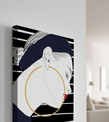 Profile of woman with hoop earrings and striped headscarf