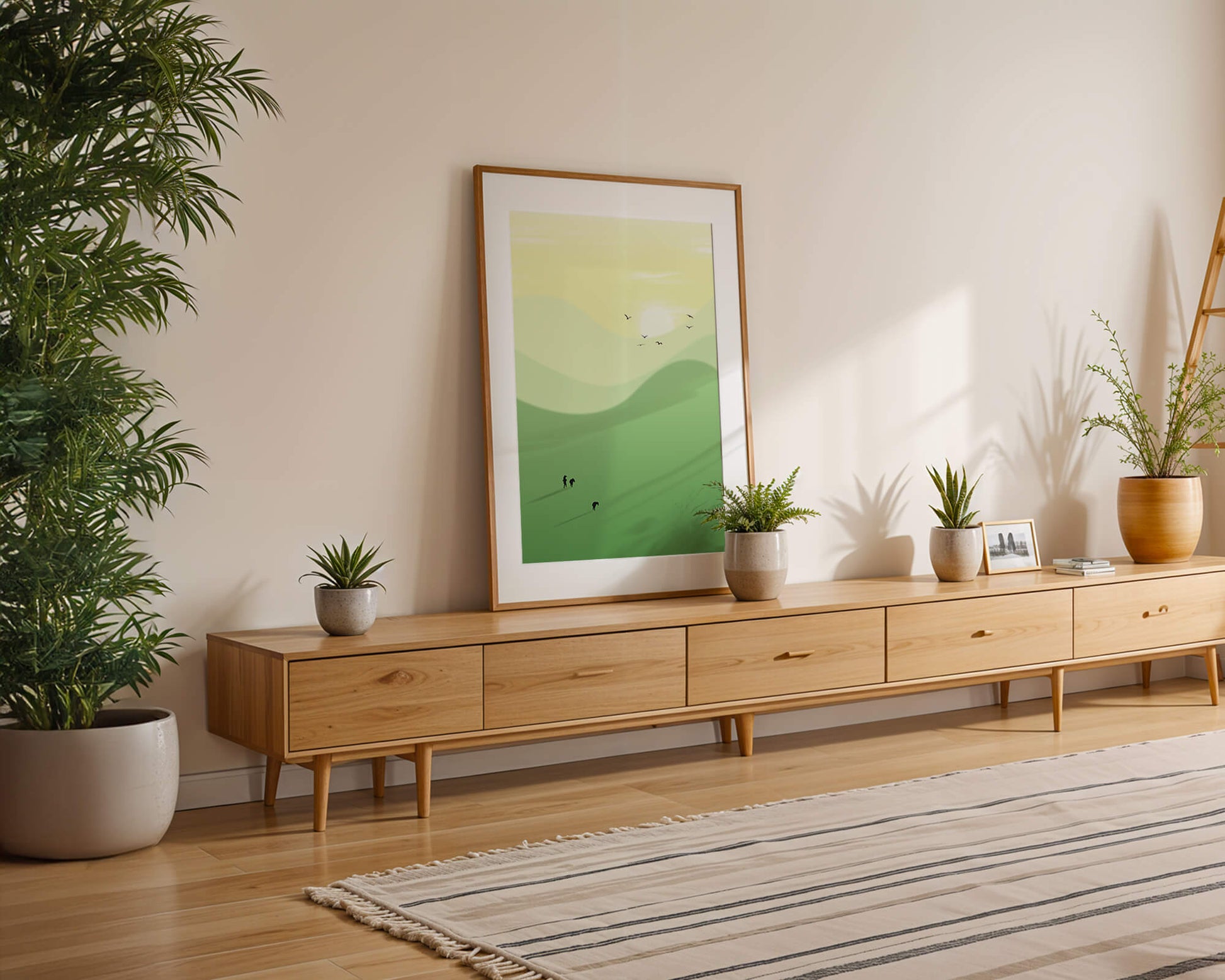 Paisaje minimalista con siluetas de personas y pájaros al atardecer