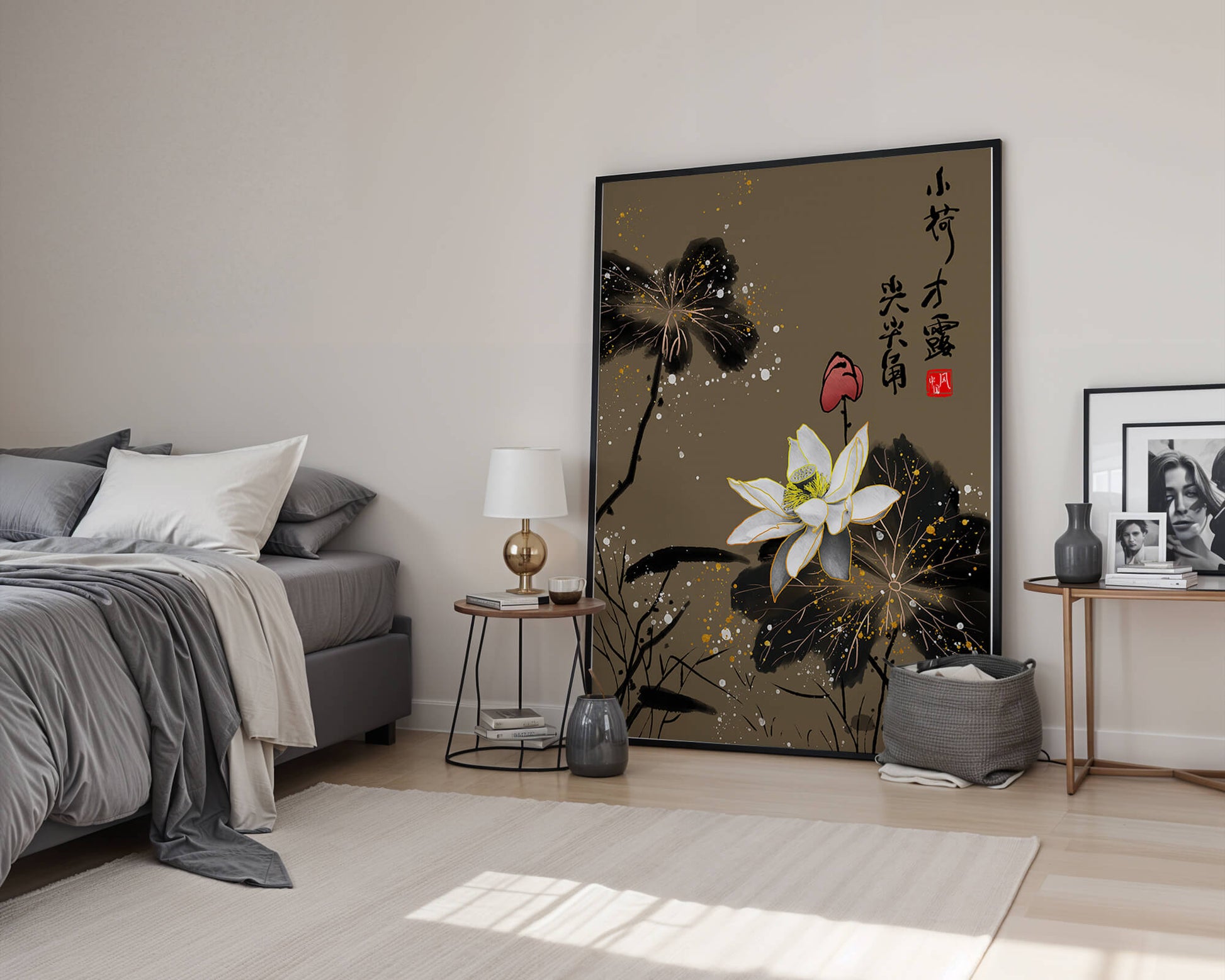 Elegant oriental floral art with gold accents and calligraphy