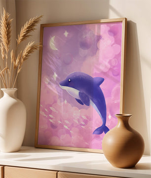 Dreamlike underwater scene with dolphin and moonlit sky