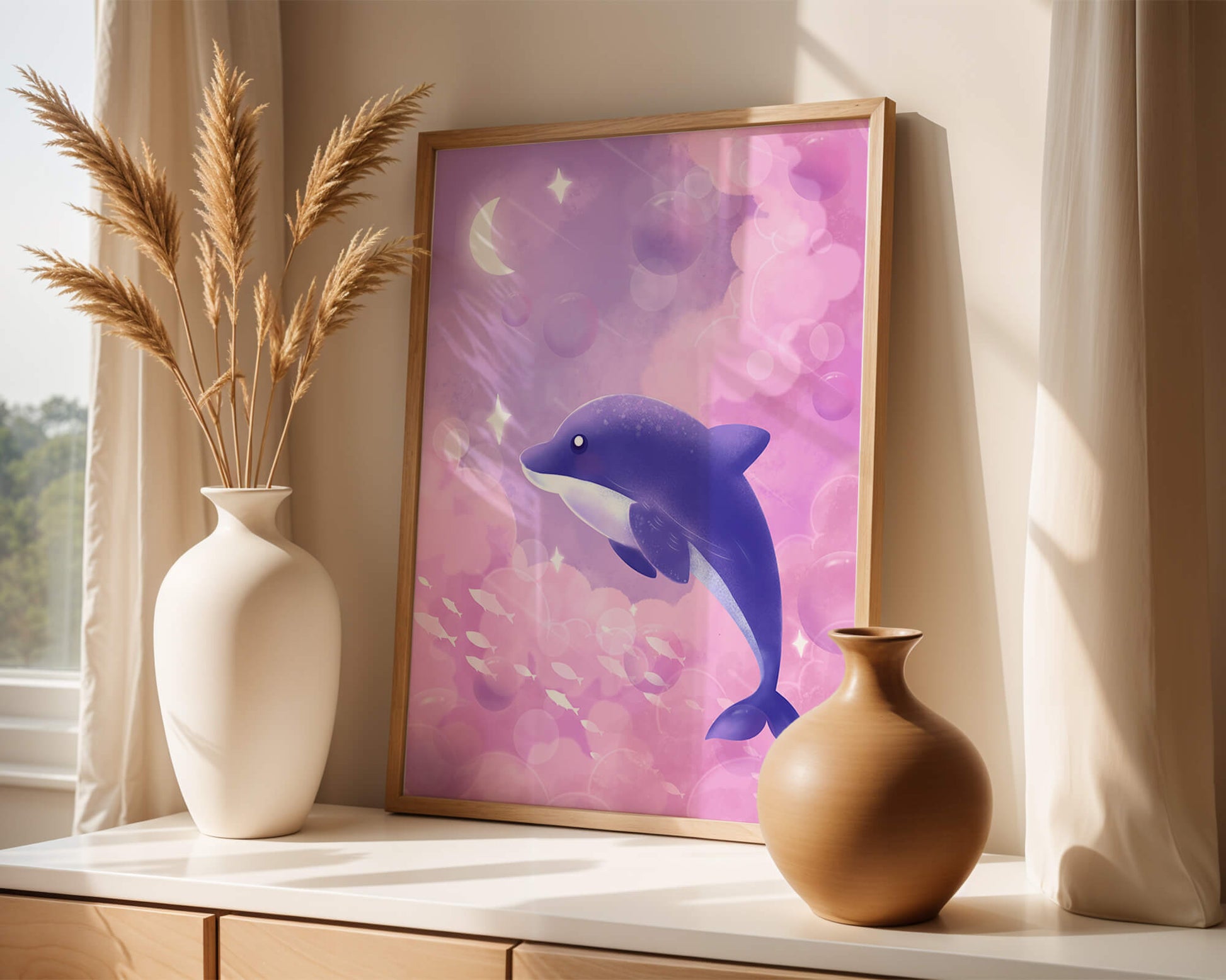 Dreamlike underwater scene with dolphin and moonlit sky