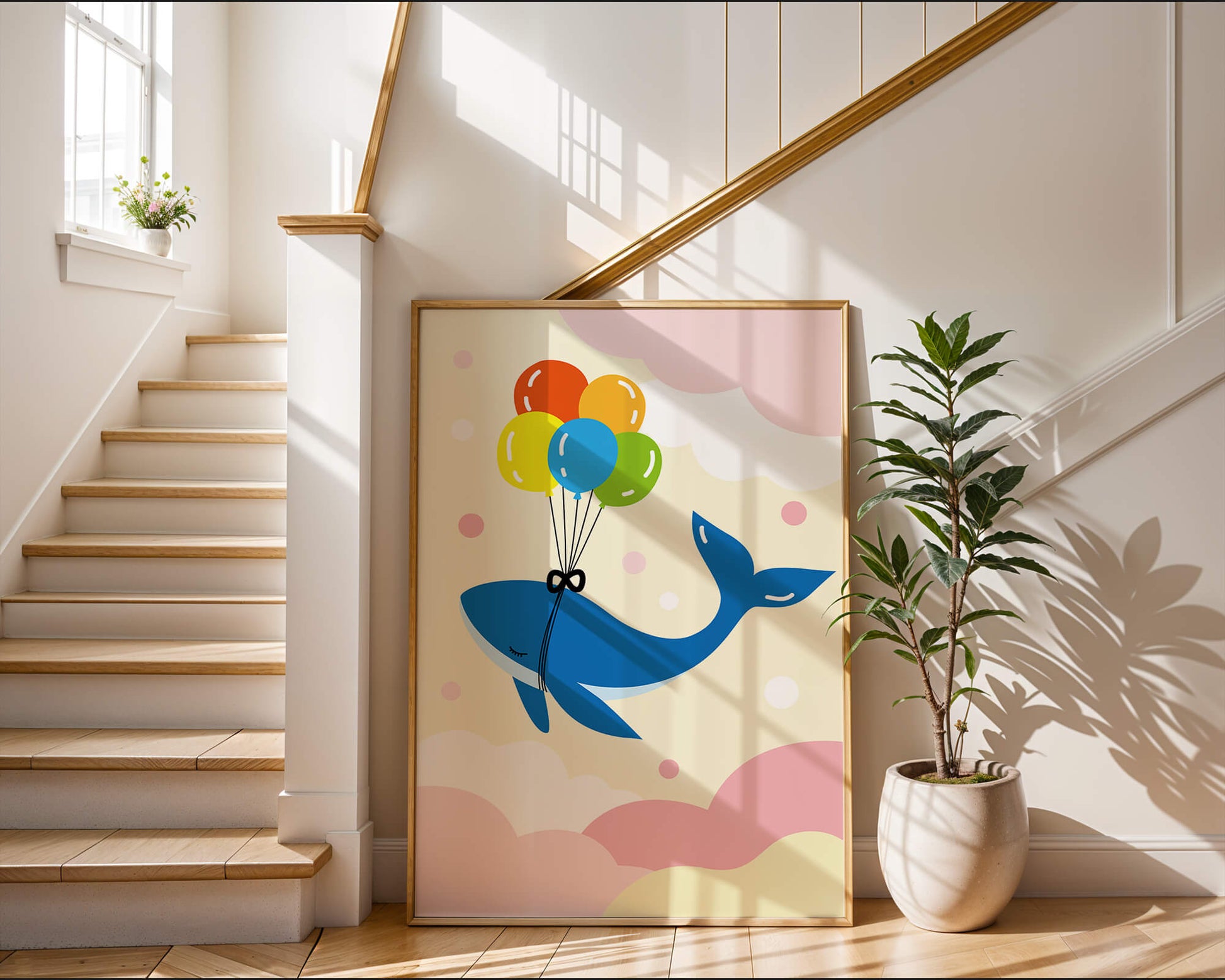 Skurriler Wal, der mit bunten Luftballons fliegt