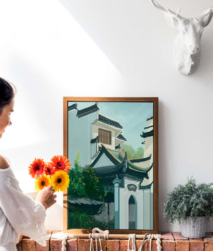 Traditional Asian architecture with lush greenery
