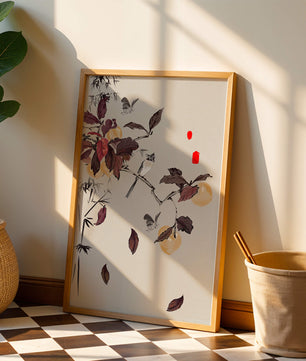 Elegant nature illustration featuring butterflies and birds on a branch
