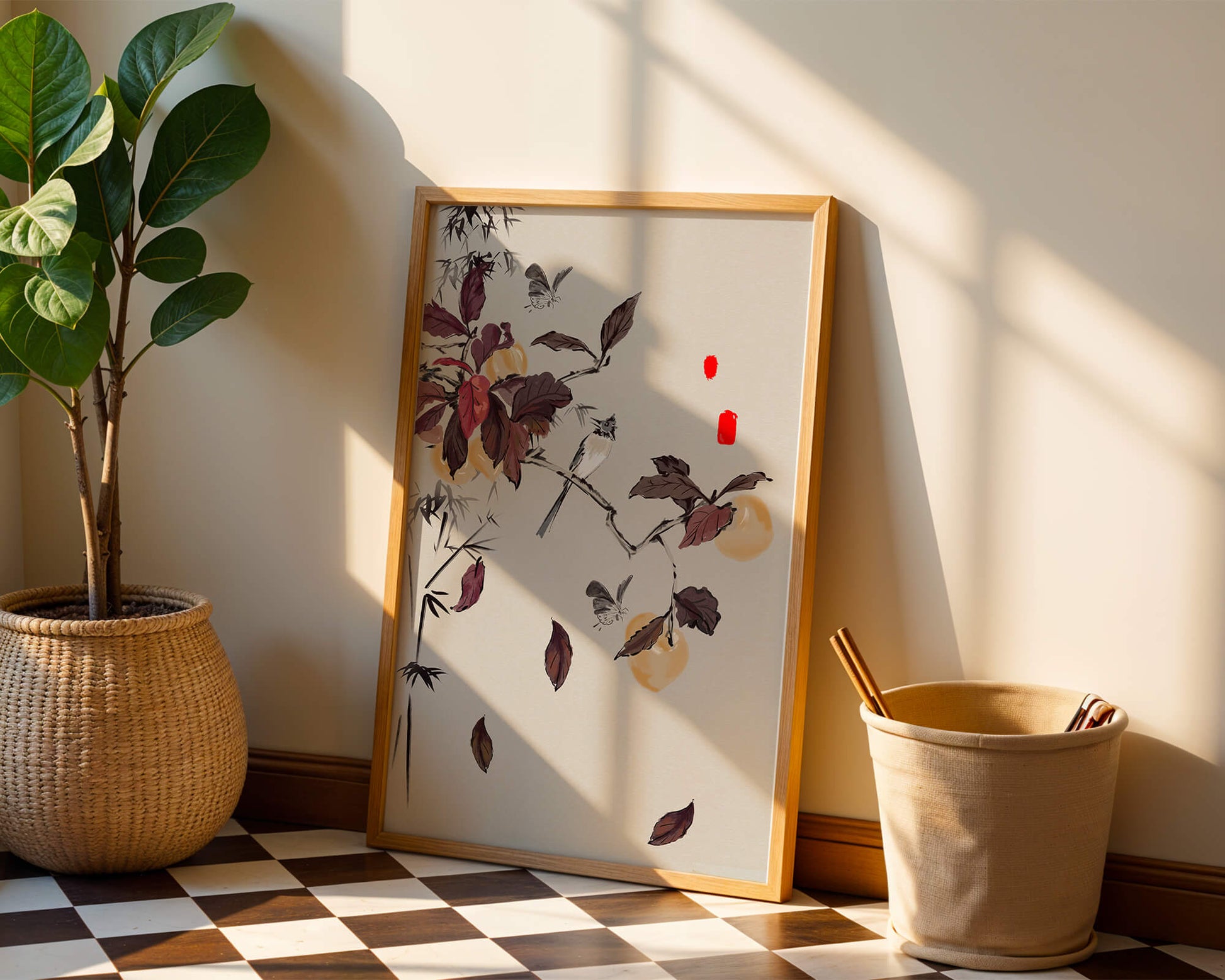 Elegant nature illustration featuring butterflies and birds on a branch