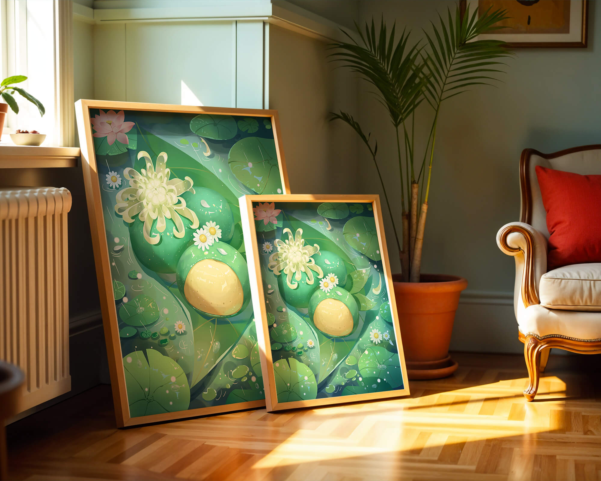 Lush aquatic scene with lotus flowers and green leaves