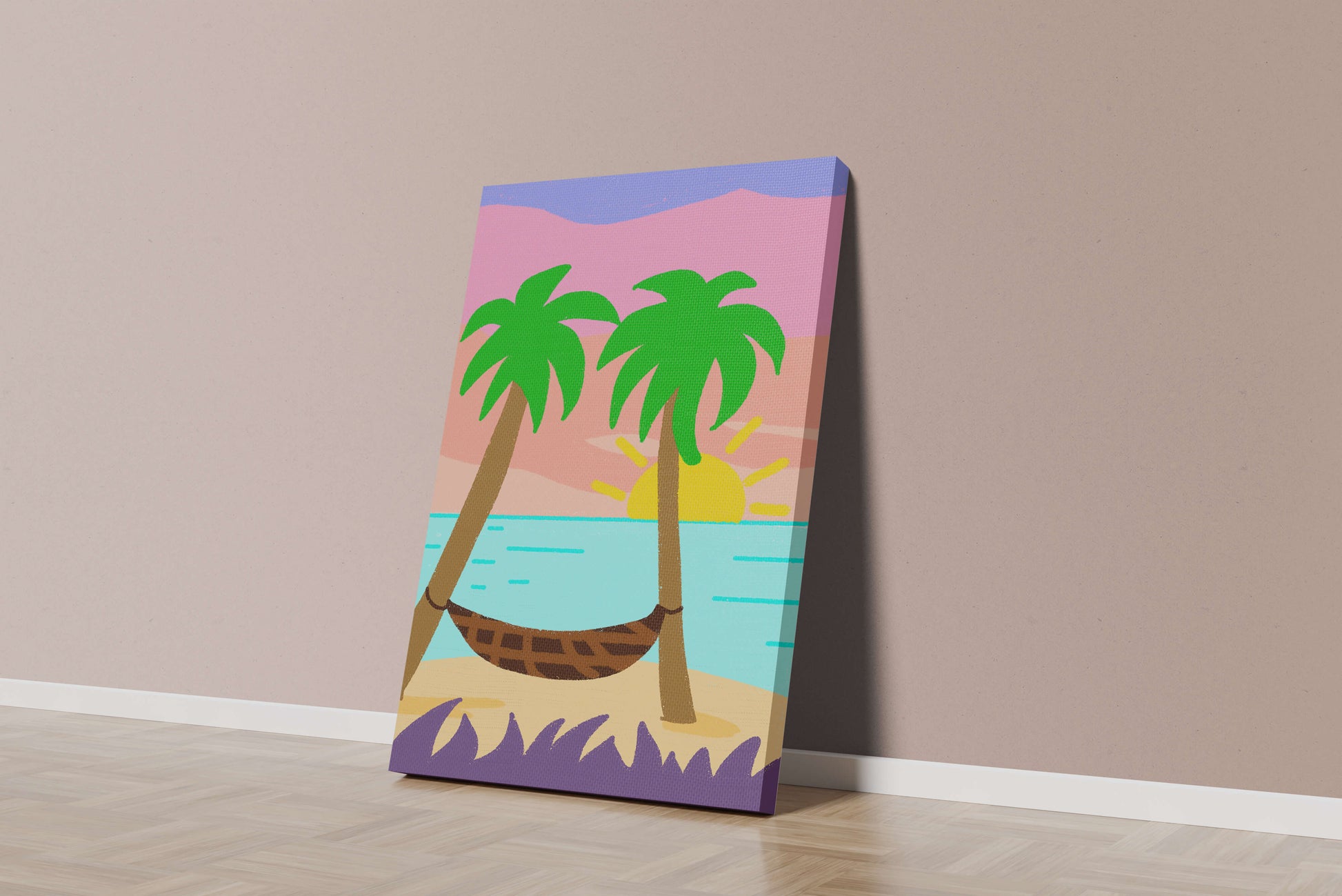Tranquil beach scene with hammock and sunset