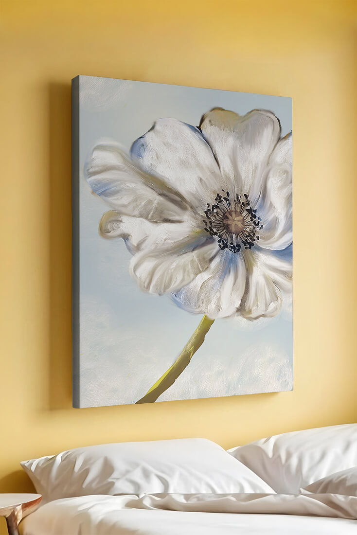 Captivating white flower art with blue hues on a pastel background