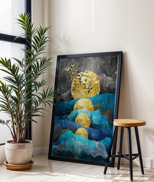 Abstract Landscape with Golden Sun and Flying Birds