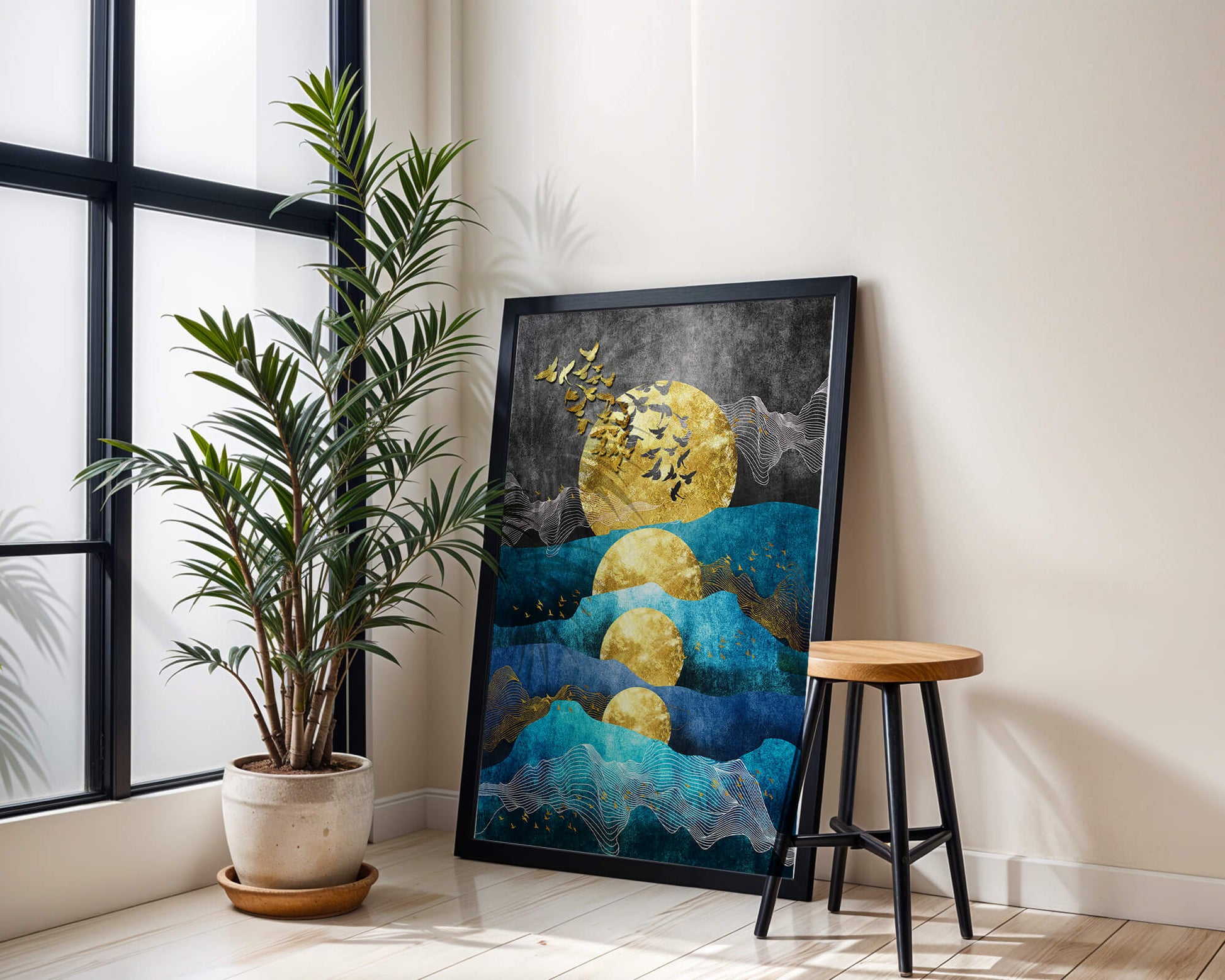 Abstract Landscape with Golden Sun and Flying Birds