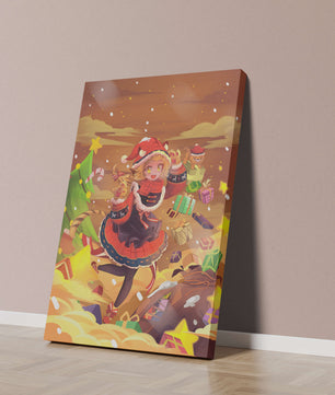 Festive anime character surrounded by gifts and holiday decor