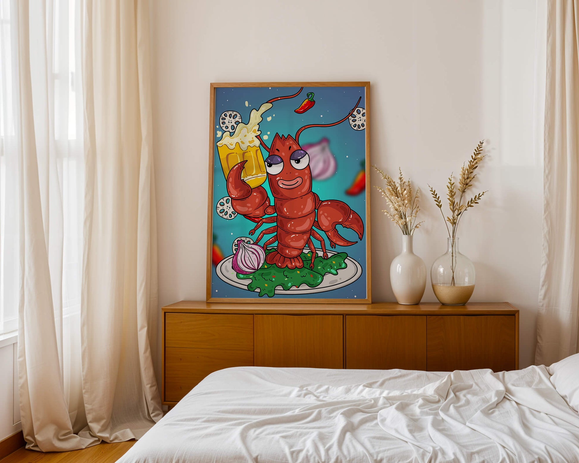 Playful cartoon lobster holding a beer in a whimsical setting