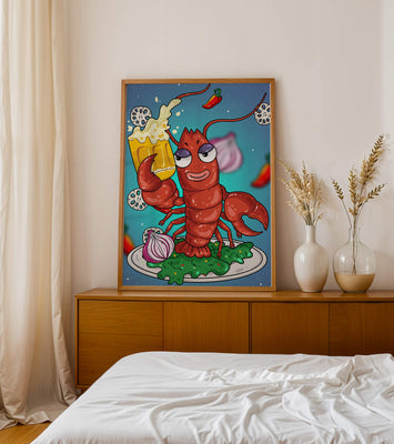 Playful cartoon lobster holding a beer in a whimsical setting