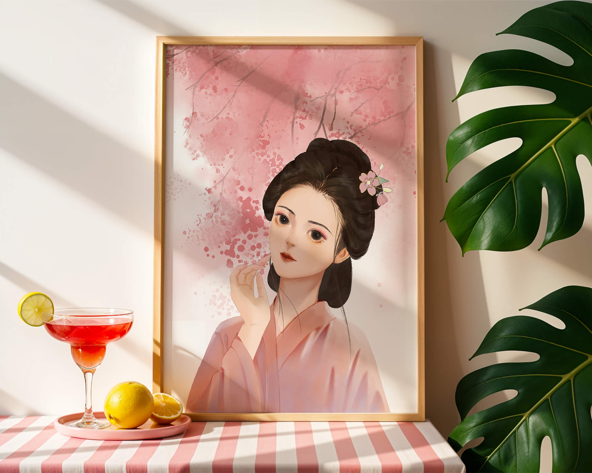 Traditional Japanese woman with pink cherry blossoms in the background