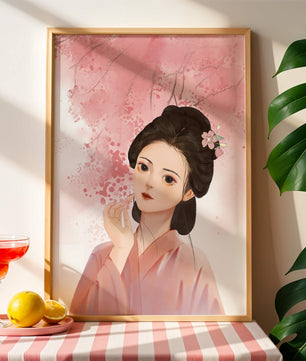 Femme japonaise traditionnelle avec des fleurs de cerisier roses en arrière-plan