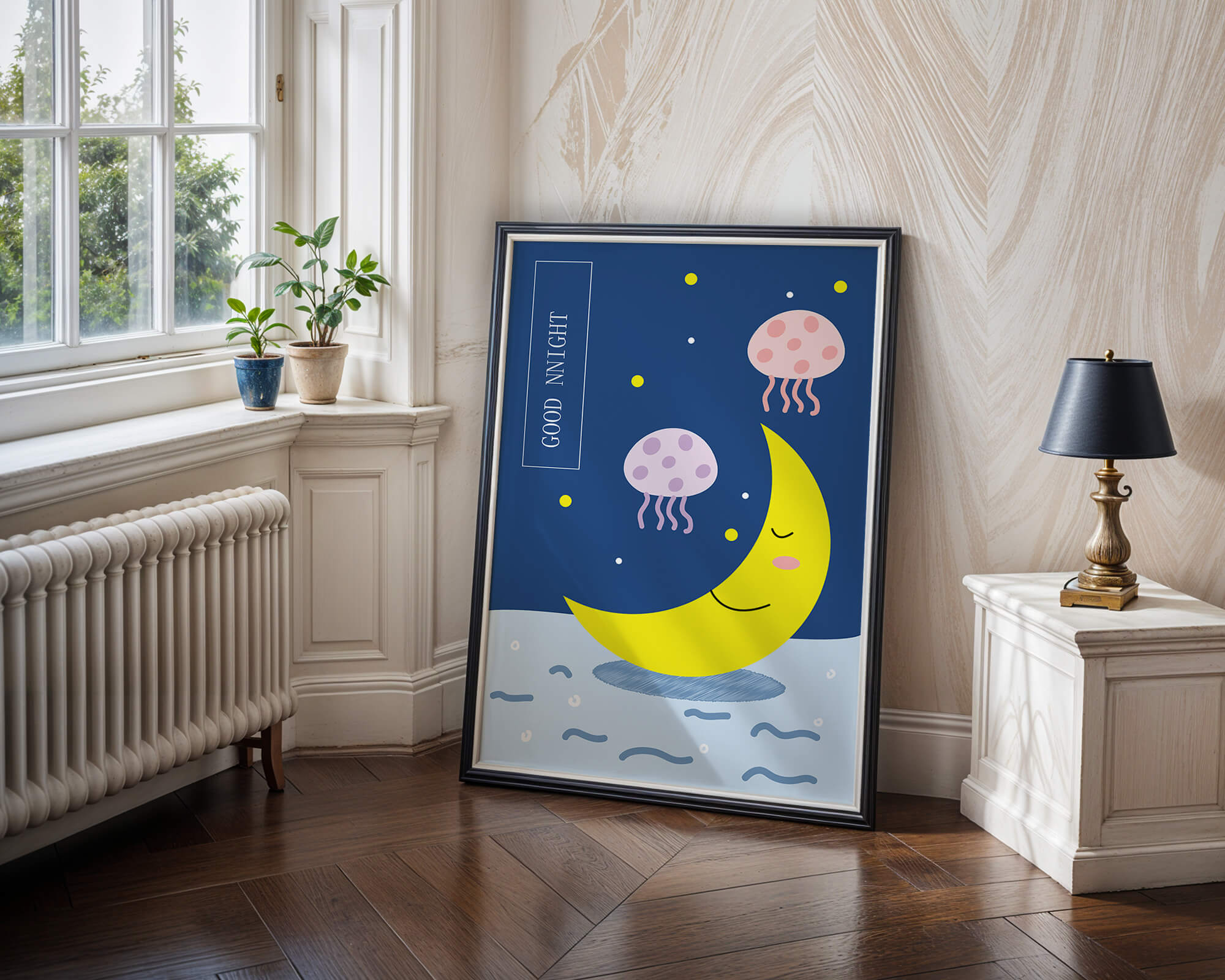 Whimsical night scene with a smiling moon and playful jellyfish