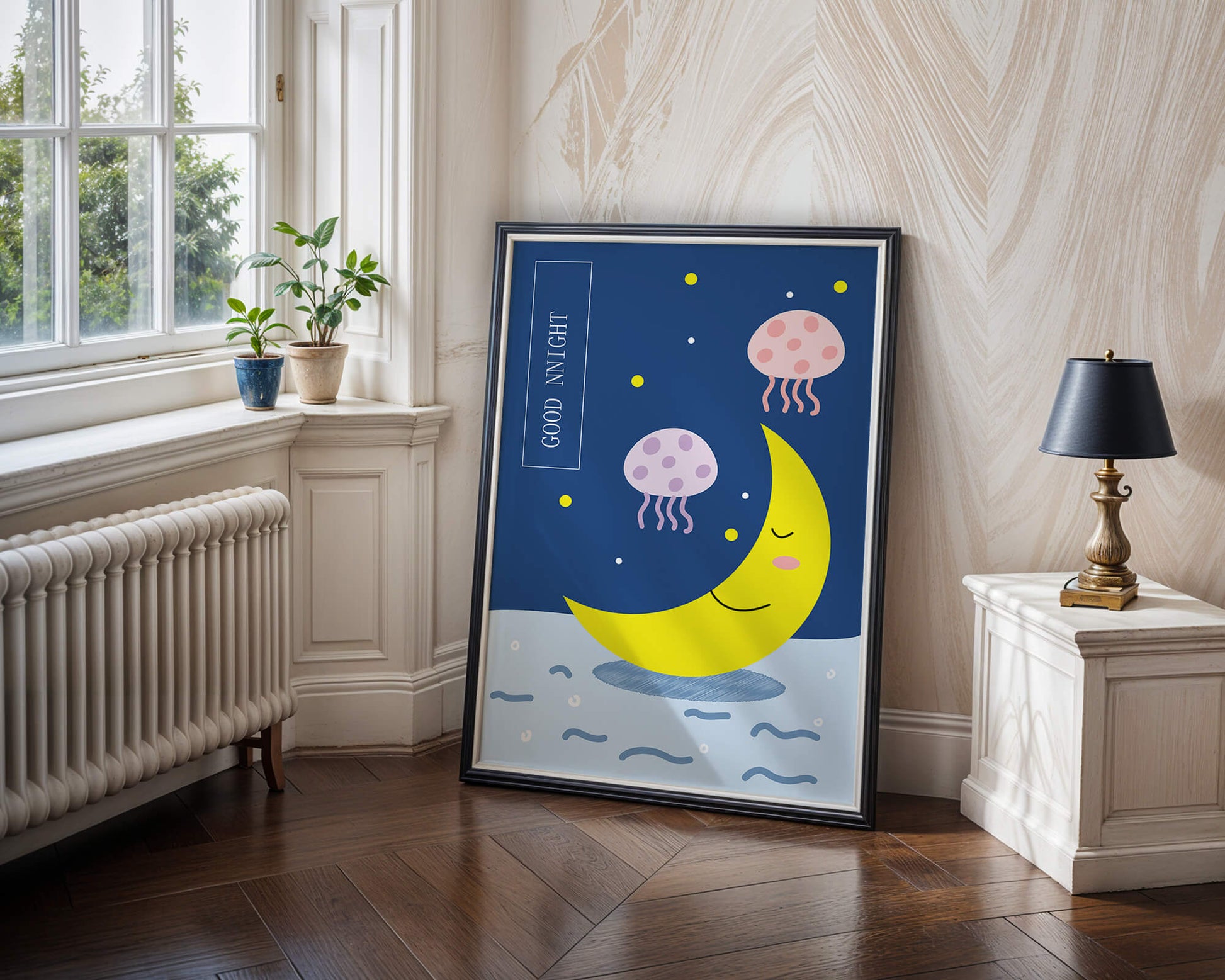 Whimsical night scene with a smiling moon and playful jellyfish