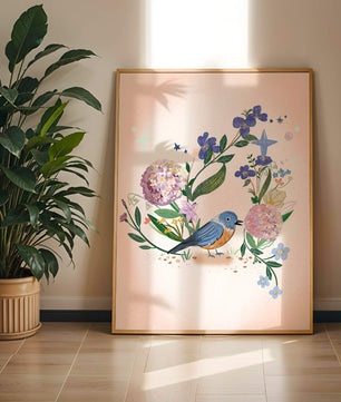 Delightful illustration of a bird amidst colorful flowers on a soft pink background