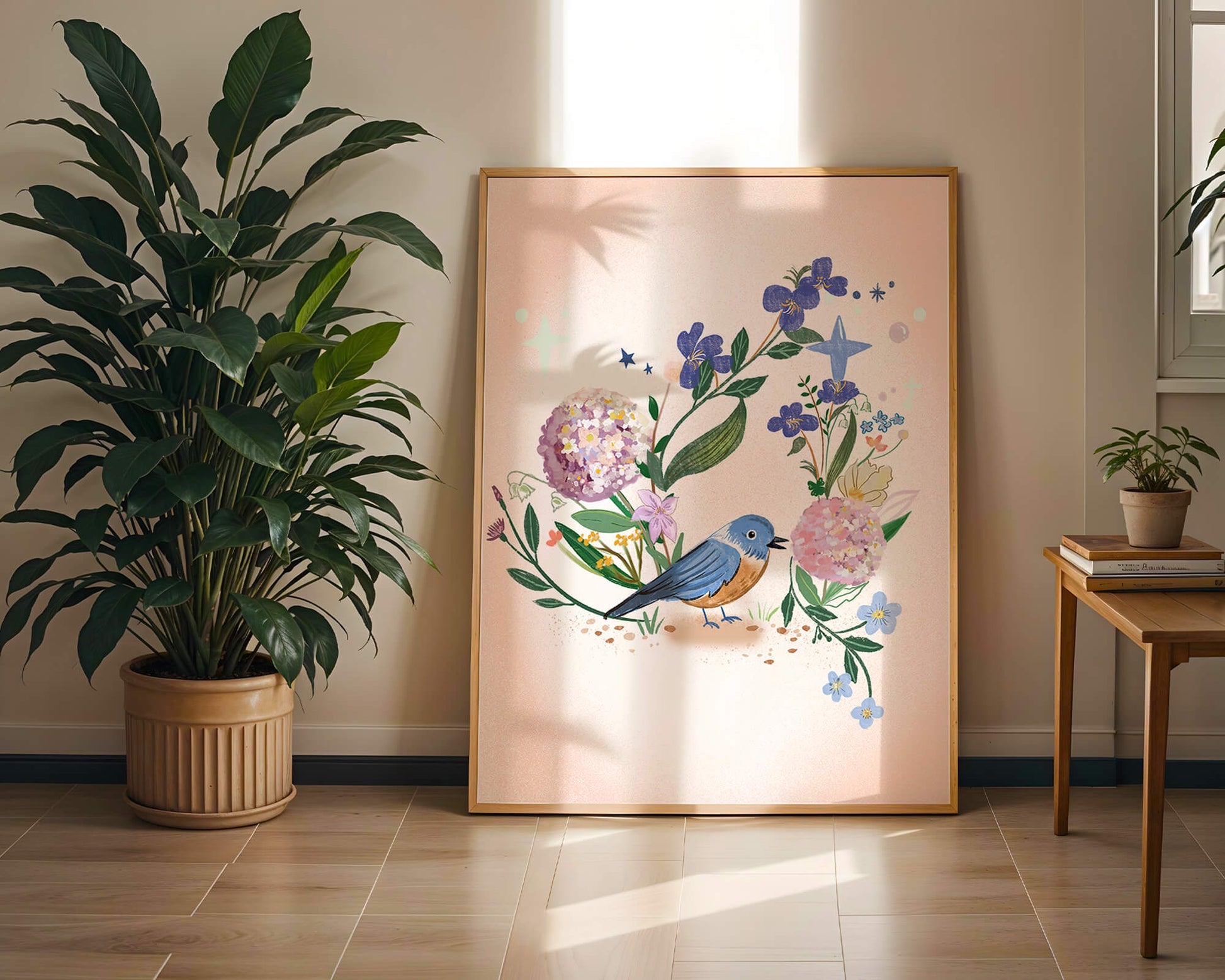 Delightful illustration of a bird amidst colorful flowers on a soft pink background