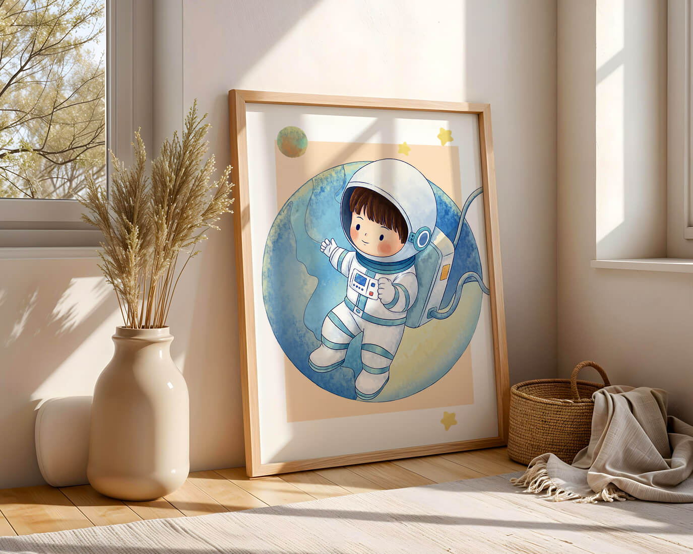 Children's illustration of an astronaut in space with stars and planet