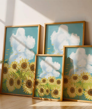 Sonnenblumen in einer hellen Wiese mit blauem Himmel und Wolken