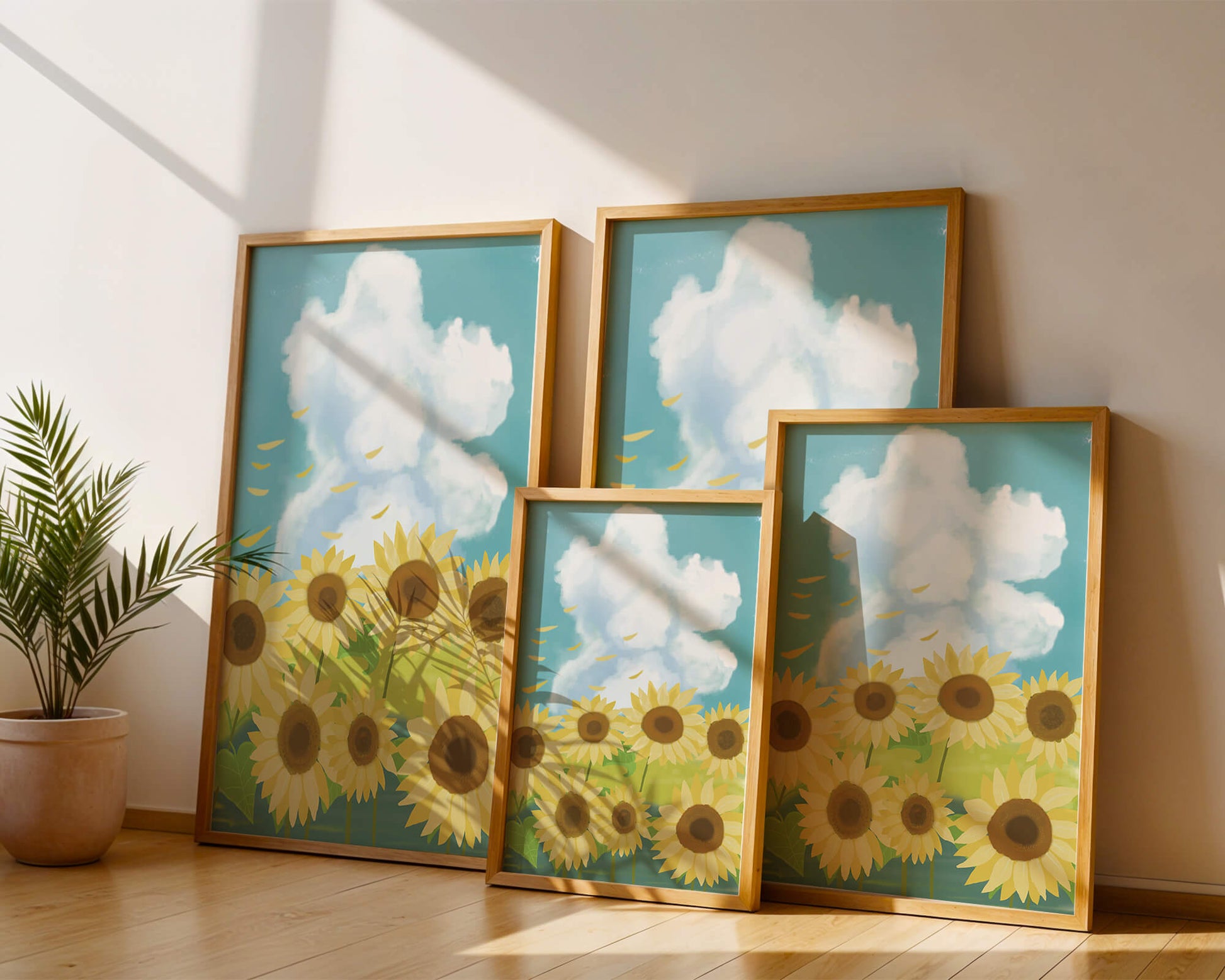 Girasoles en un prado brillante con cielo azul y nubes