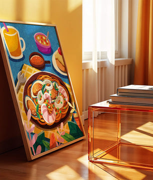 Escena ilustrativa de desayuno colorida con pasta y bebidas