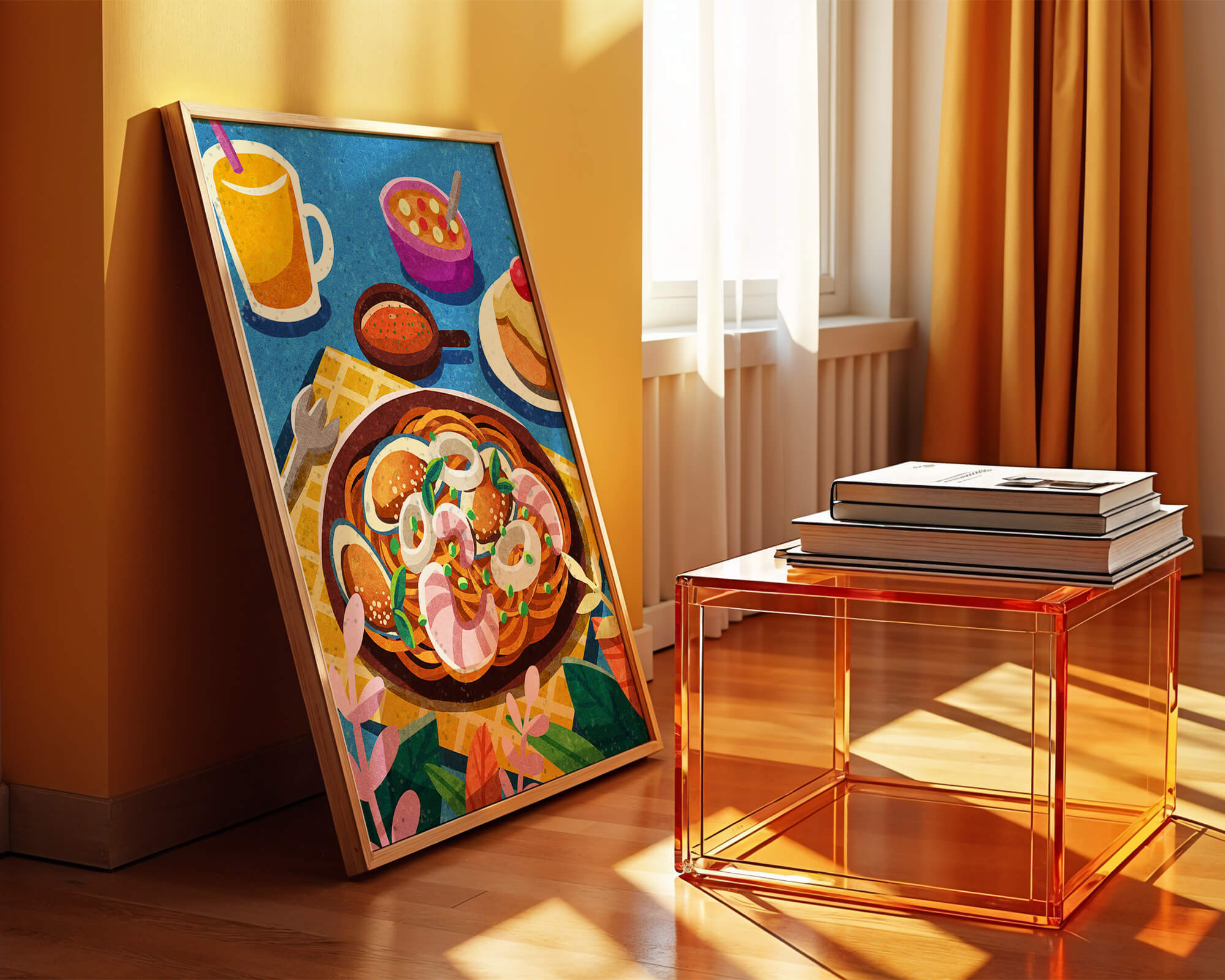 Colorful Illustrative Breakfast Scene with Pasta and Drinks