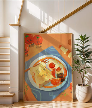Whimsical Breakfast with Animated Tomatoes and Toast on a Bright Plate