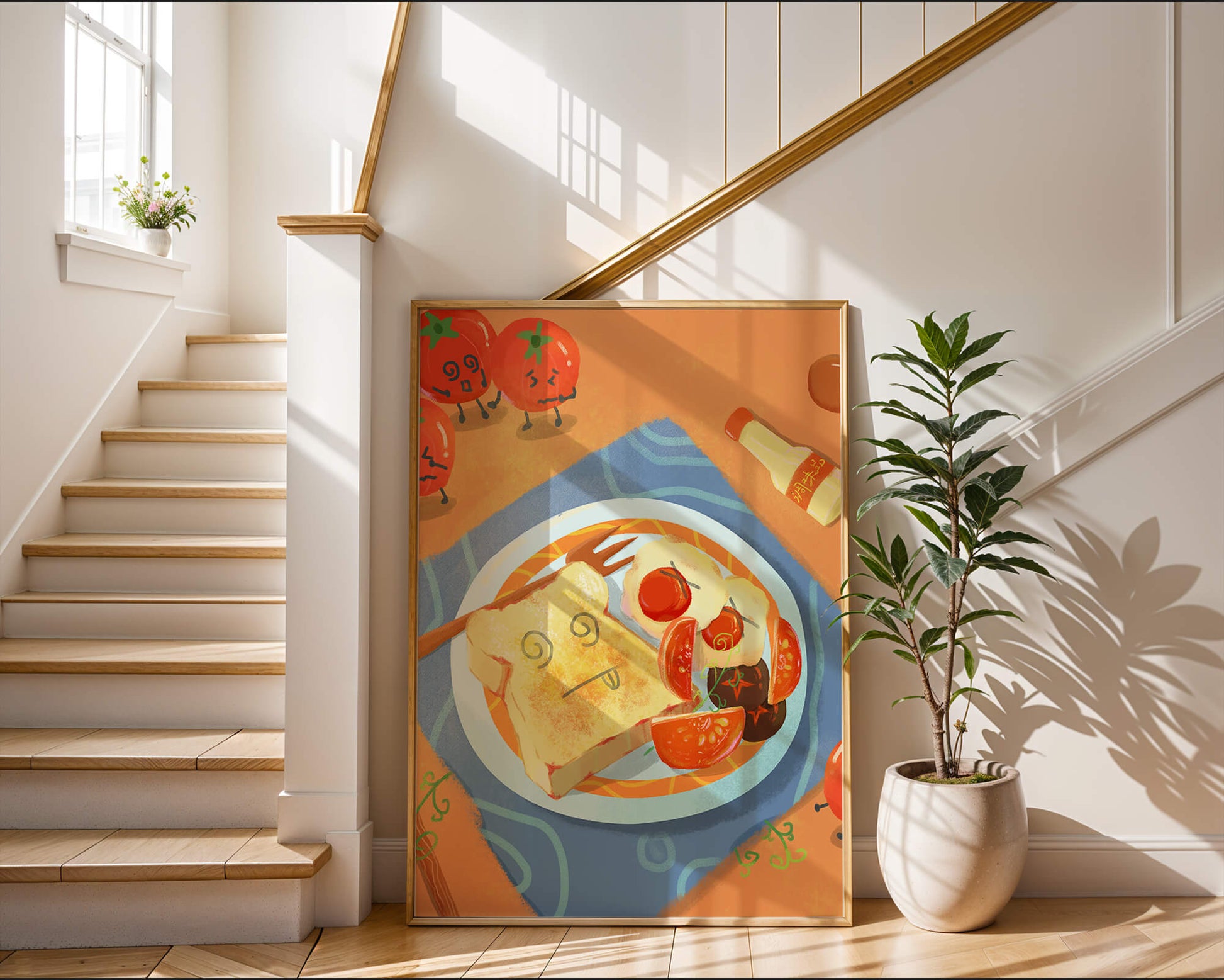 Desayuno caprichoso con tomates animados y tostadas en un plato brillante