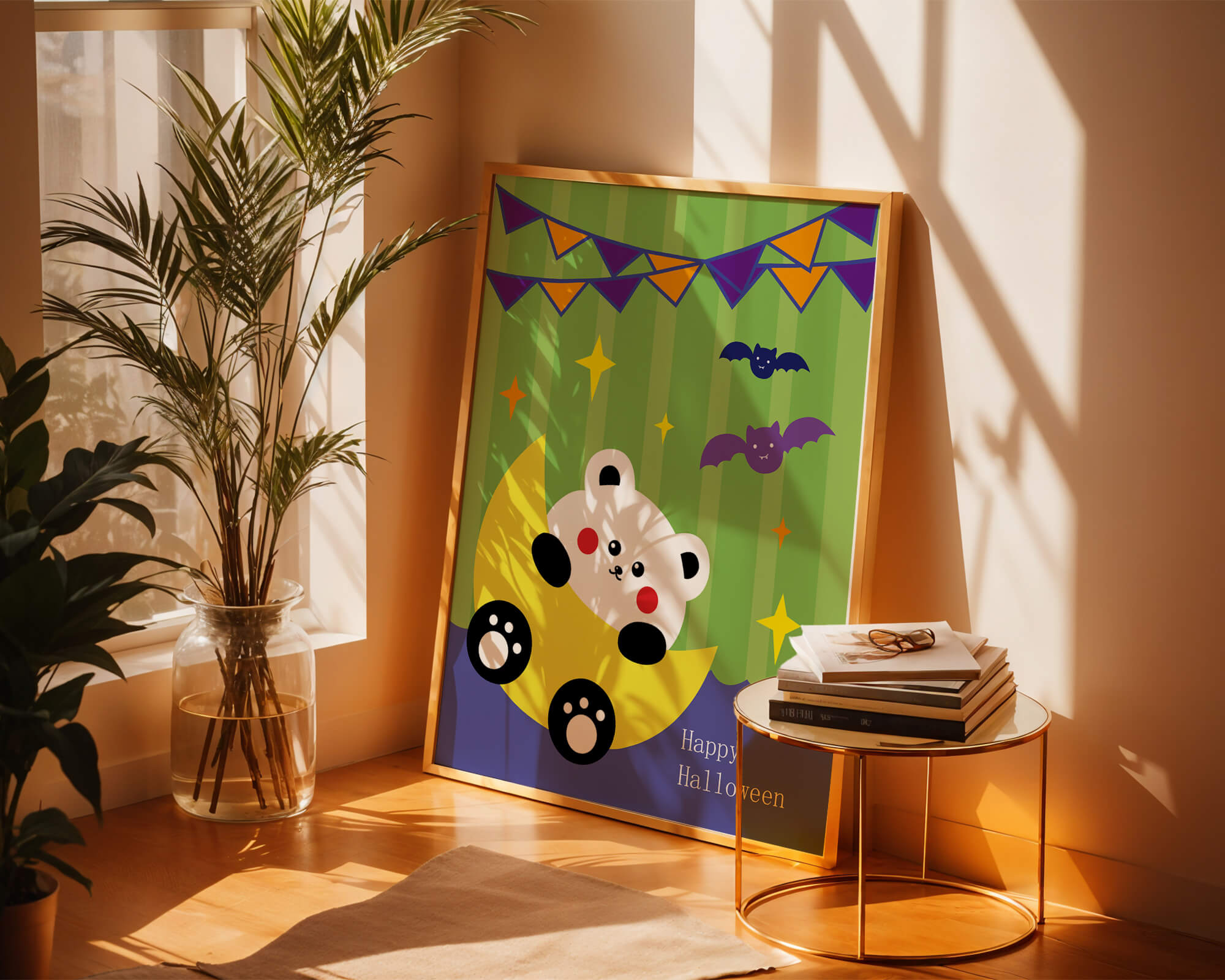 Charming Halloween-themed panda illustration with festive elements