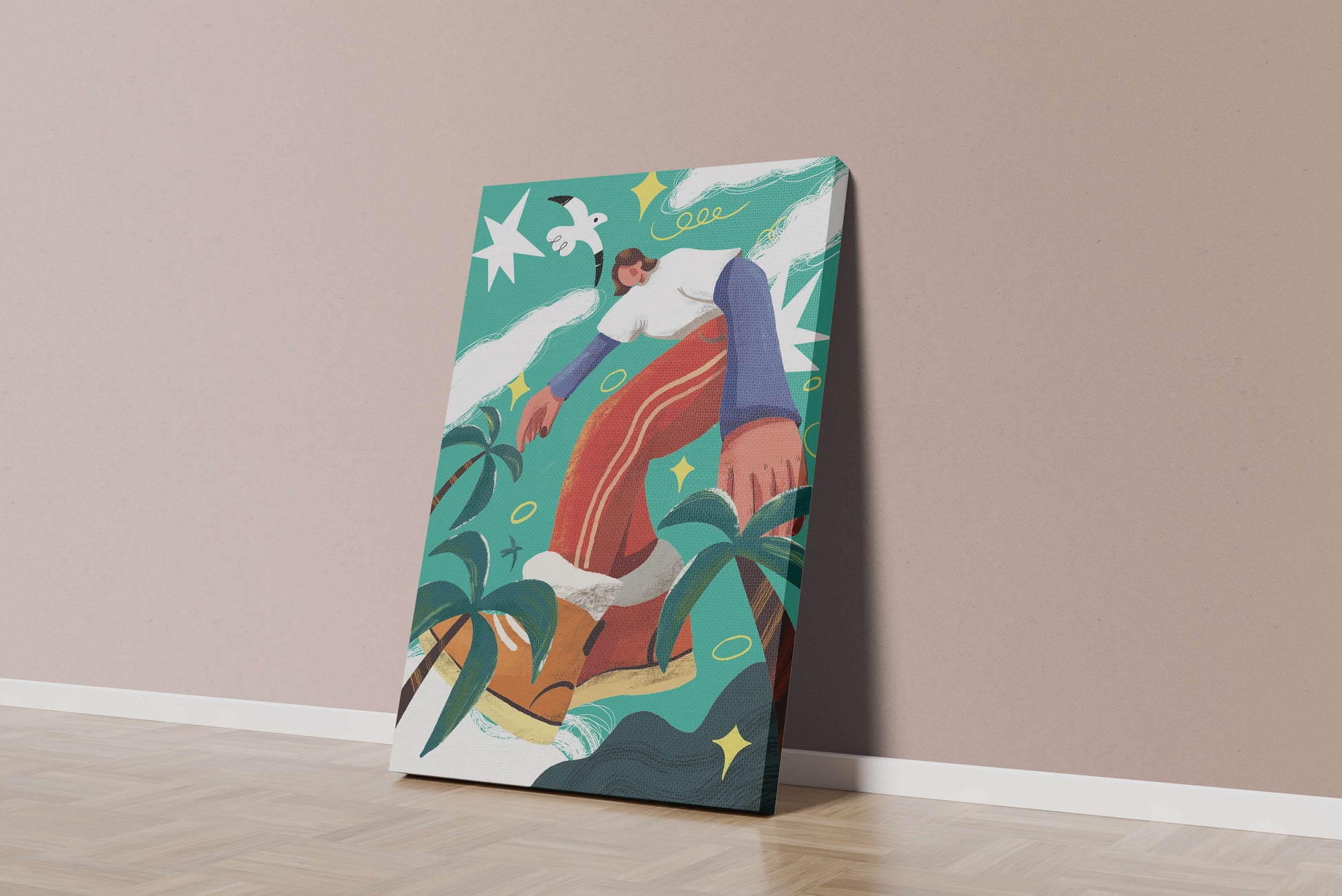 Colorful Abstract Surreal Landscape with Giant Figure and Nature Elements