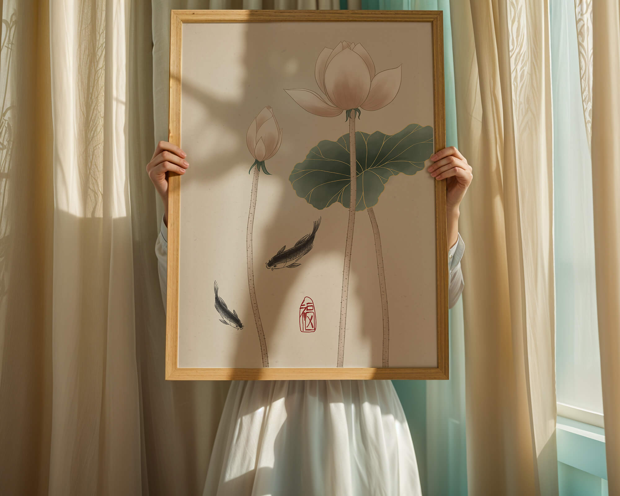 Lotus flowers and koi fish in minimalist Asian art illustration