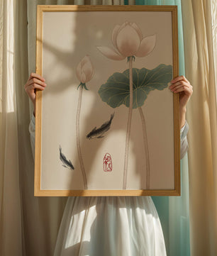 Fleurs de lotus et carpes koï dans une illustration d’art asiatique minimaliste