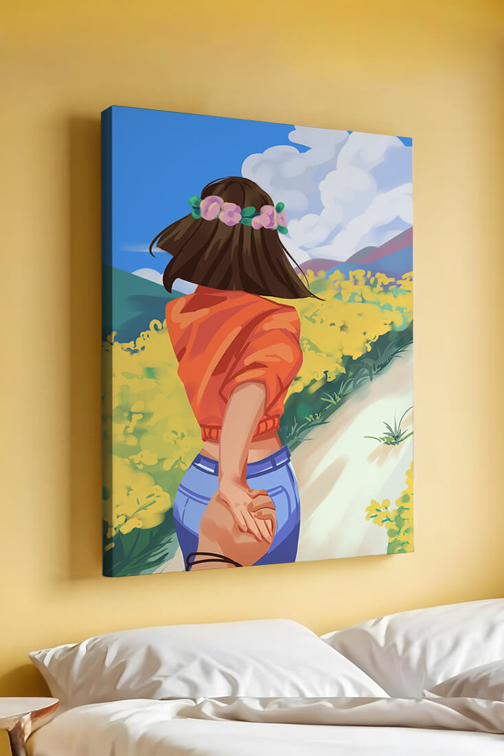 Woman in Nature with Floral Headband and Holding Hands on a Sunny Day