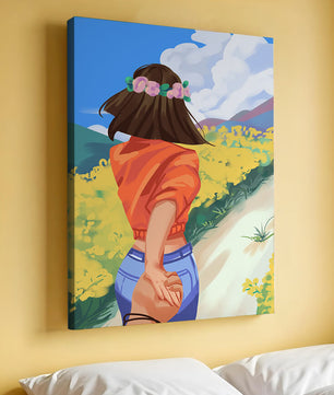 Woman in Nature with Floral Headband and Holding Hands on a Sunny Day