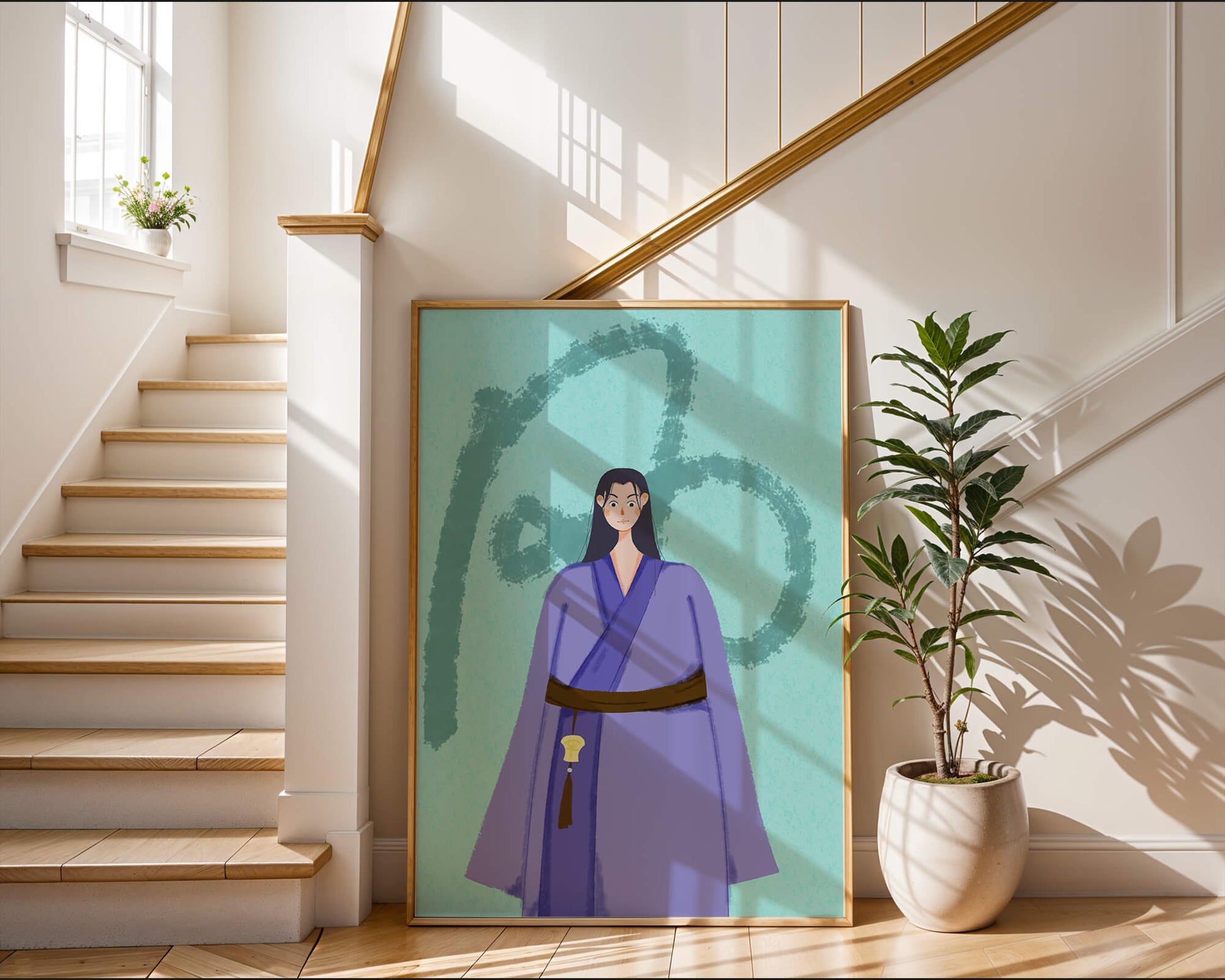 Character in traditional attire on textured background
